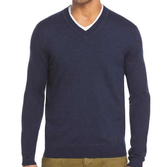 Bloomingdales Men's V-Neck Merino Wool Sweater - Exclusive Steel Blue Large $88 - Picture 1 of 9